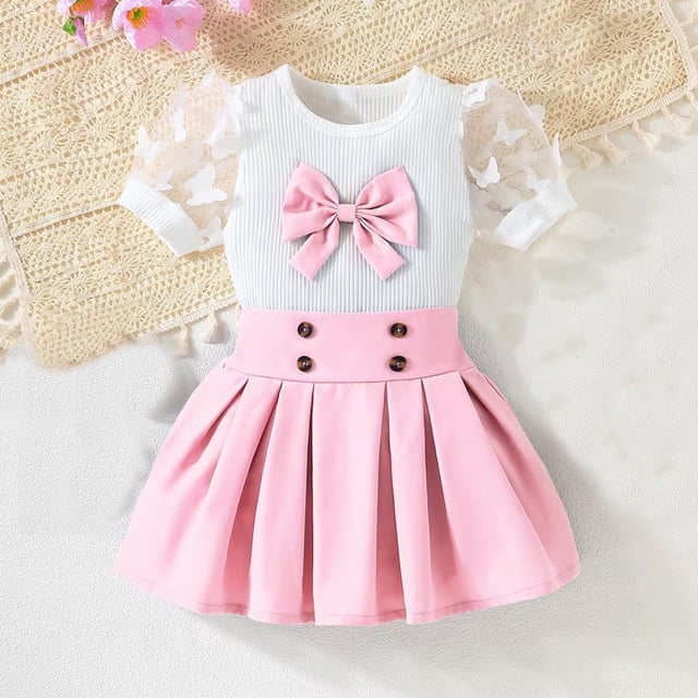 MKOSPLRT Outfits for Girl 2 Piece Sets Mesh Puff Short Sleeve Tops High Waist Button Pleated Skirts Color Block Flowy Sets for 2-8Y