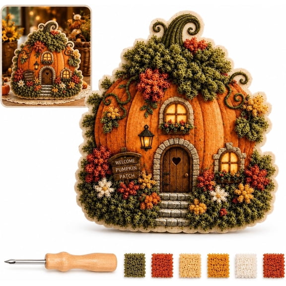 Whimsical Village 3D Fabric Poke Art Kit, Pumpkin Field Cottage, Beginner Friendly Diy Gift