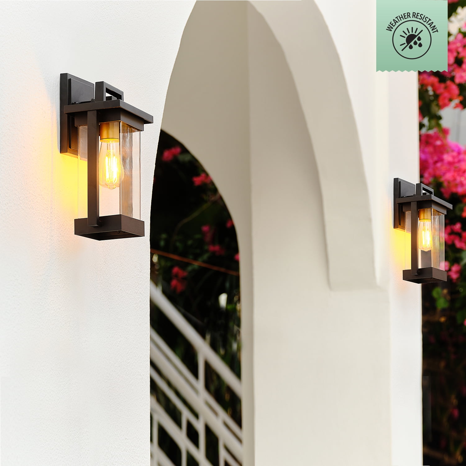 Globe Electric 1-Light Matte Black Outdoor Hardwired Wall Sconce with Brass Accent and Clear Seeded Glass Shade