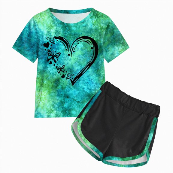 BOBOGOJP Kids Girl Clothes Heart Print Short Sleeve Top Shorts Toddler Girl Summer Outfits Short Set Green for Size 4-5 Years