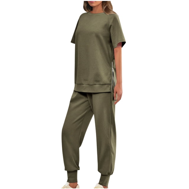 AherBiu Womens Sweatsuits Short Sleeve Side Slit Tops with Joggers Pants 2 Piece Casual Workout Sets