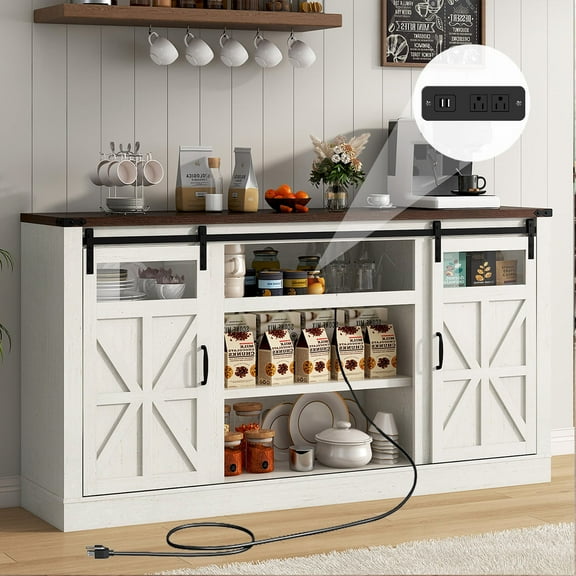 Farmhouse Coffee Bar Cabinet with Outlet USB Charging, 66'' Large Buffet Sideboard with Sliding Barn Doors & Adjustable Shelves for Kitchen Living Room
