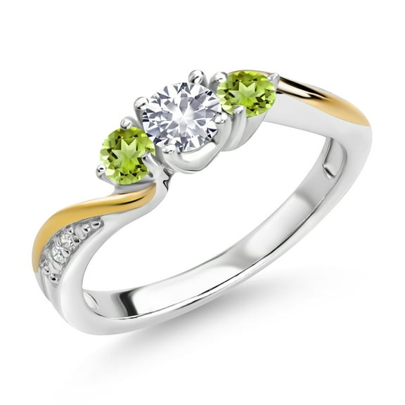 Gem Stone King 925 Silver and 10K Yellow Gold White Created Sapphire Green Peridot and White Lab Grown Diamond 3 Stone Engagement Ring for Women (0.52 Cttw, September Birthstone, Size 5)