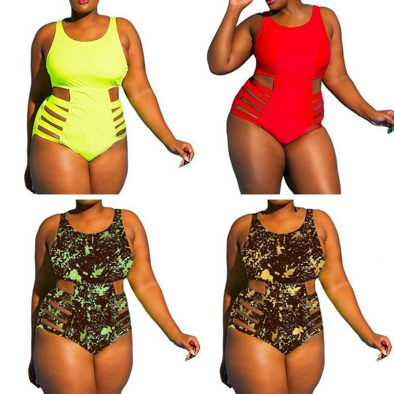 Ruched Plus Size Swimwear for Women Curvy Sizing One Piece Swimsuit with  Tummy Control,Waist Cutout Round Neck High Waisted Bathing Suits Sexy Lace  up