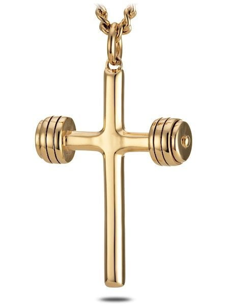 Shields of Strength - Men's Gold Dumbbell Cross Necklace-John 19:30 by Shields of Strength 