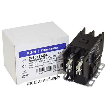 Cutler Hammer 1 Pole - 30 Amp / 1 Pole with Shunt / 110-120V Coil , Eaton Cutler Hammer C25CNB130A Contactor