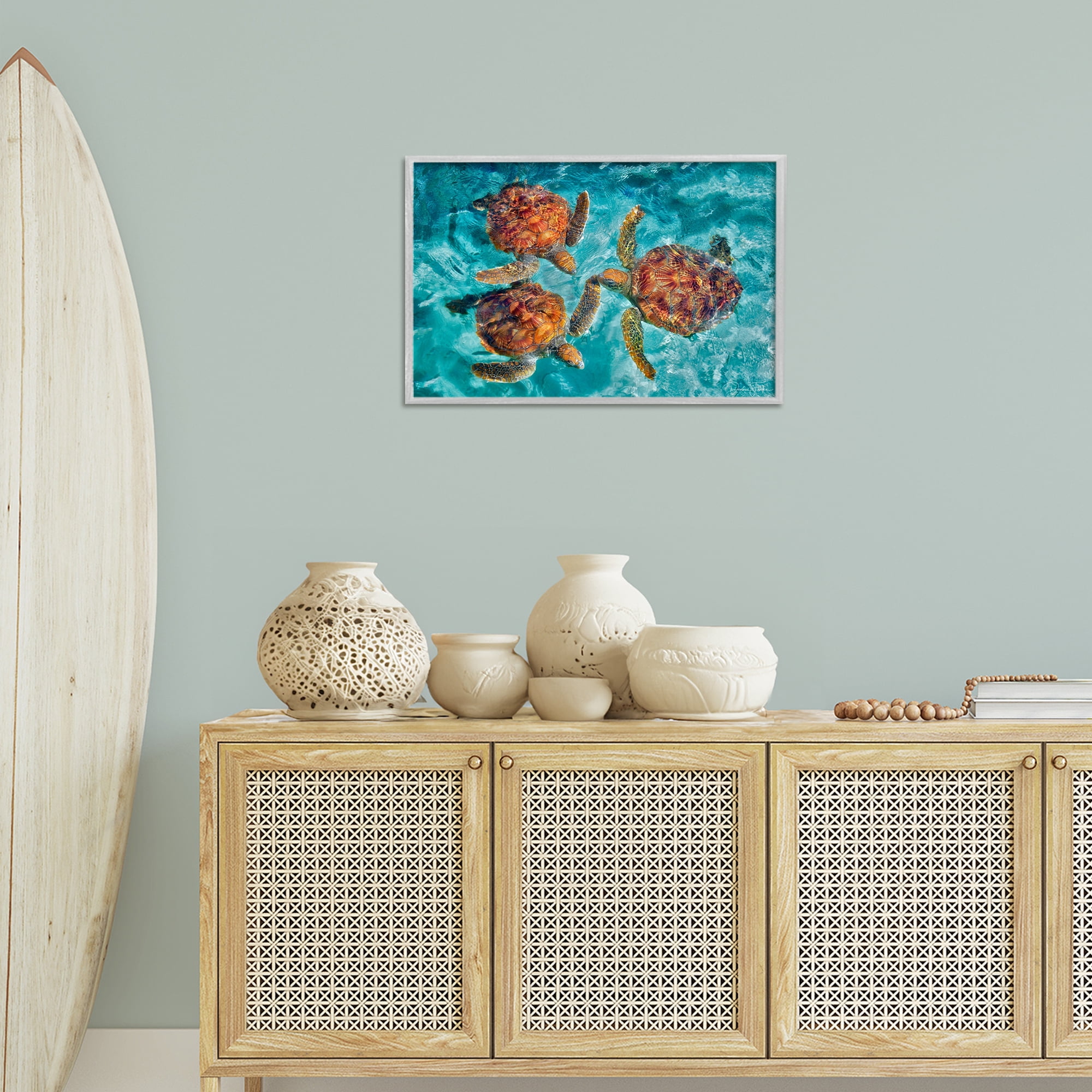 Stupell Industries Swimming Tortoise Trio Animals & Insects Painting Gray Framed Art Print Wall Art, 24 x 16