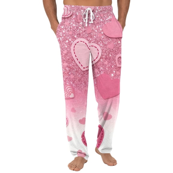 Fgvctg Valentine's Day Men's Pajamas Comfy Love Heart Graphic Wide Leg Pajamas Sleepwear High Waisted Pj Pant Oversized Fall Spring Drawstring Lounge Pants with Pockets Light pink XL