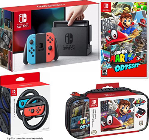 Nintendo Switch Bundle: 32GB Console Red and Blue Joy-Con, Nintendo Switch Wheel (set of 2), Super Mario Odyssey Video Game a