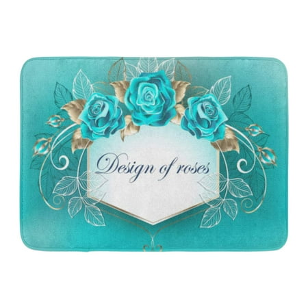 GODPOK Bouquet Blue Best White Decorated with Turquoise Roses with Leaves of Gold on Bloom Brocade Rug Doormat Bath Mat 23.6x15.7