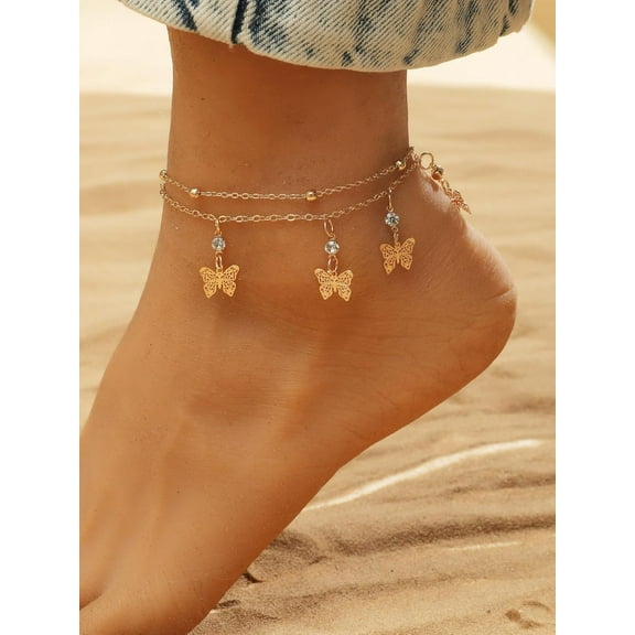 1Pcs Double-layer Butterfly Alloy Anklets for Women Butterfly Charm Anklets Golden Ankle Bracelets for Birthday Festival Elegant Gifts DIY Personalized Jewelry 8-7/8 inch(225mm) diy