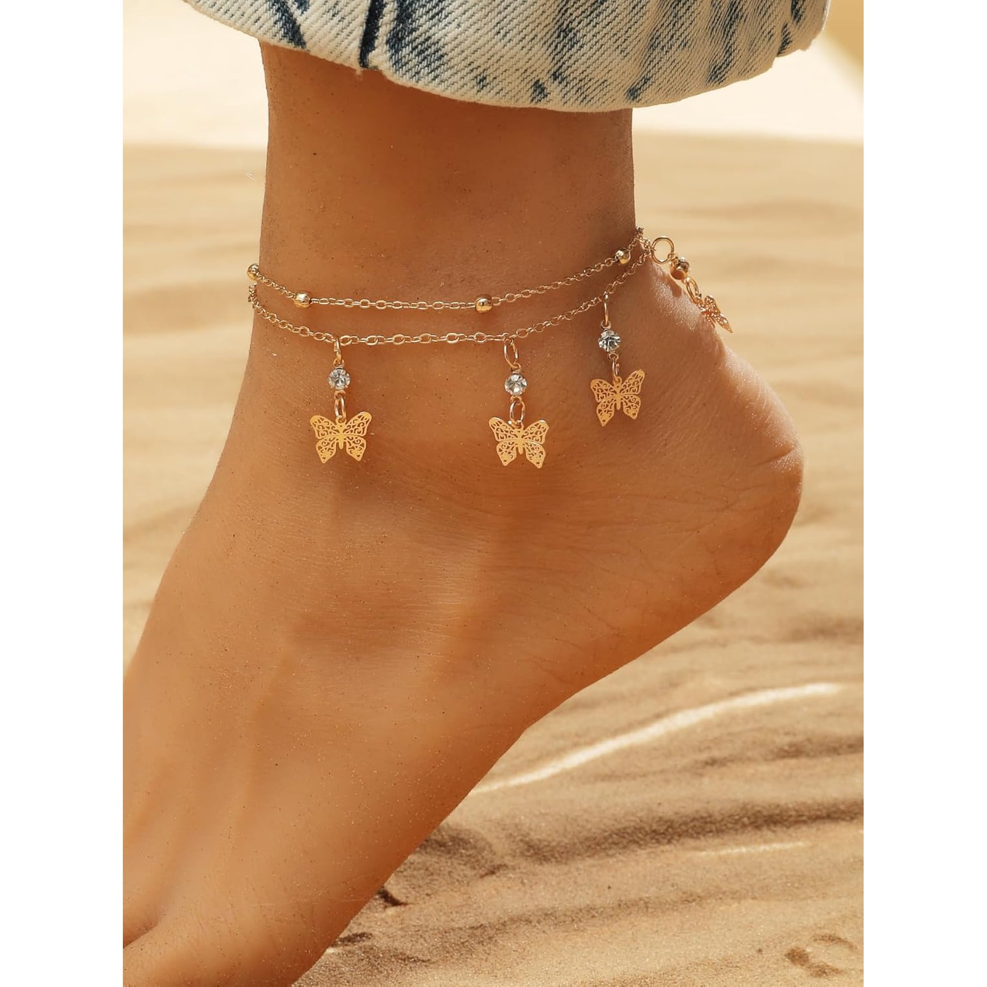 1Pcs Double-layer Butterfly Alloy Anklets for Women Butterfly Charm Anklets Golden Ankle Bracelets for Birthday Festival Elegant Gifts DIY Personalized Jewelry 8-7/8 inch(225mm)
