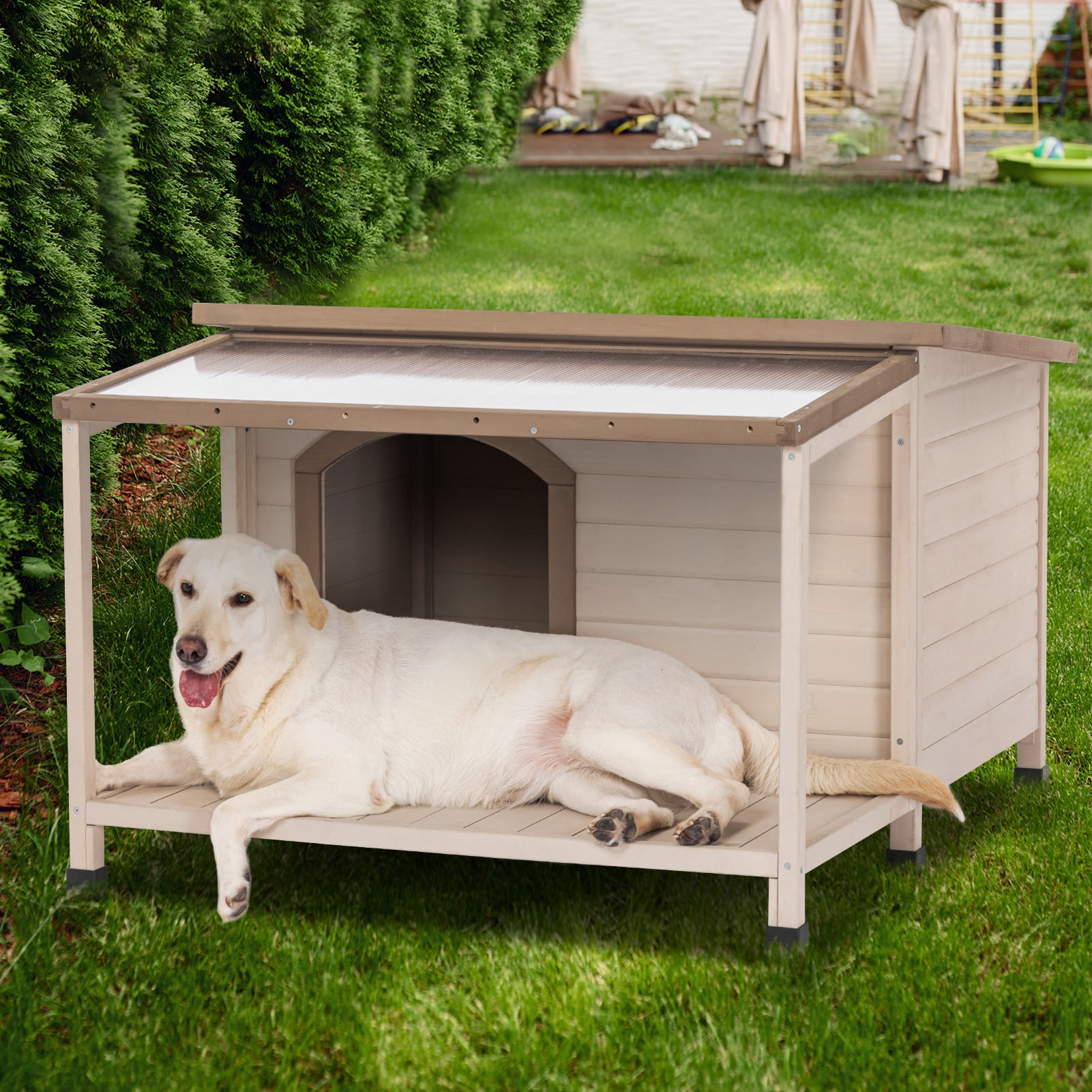 Petsfit Dog House, PVC Asphalt Roof Dog House for Large Dogs, Weatherproof Large Dog House with Extra-Large Terrace