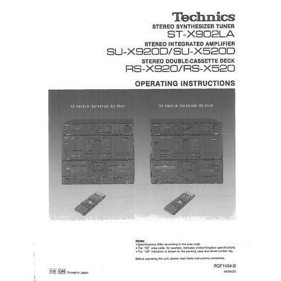 Technics RS-X520 RS-X920 SU-X520D SU-X920D ST-X902LA Cassette Manual REPRINT