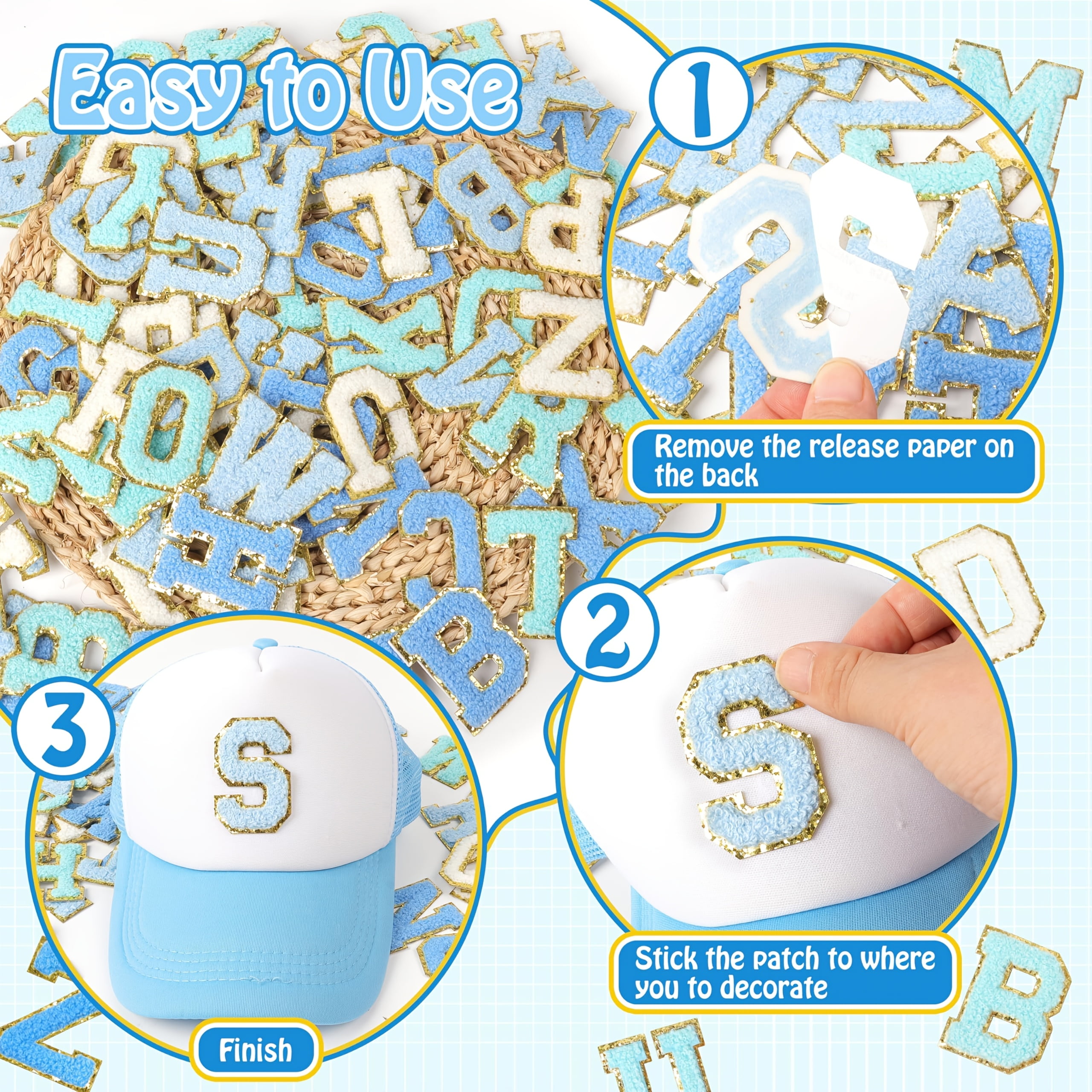 Self-Adhesive Chenille Letters Patches: 104pcs -Colored Letter Patches Stickers - Varsity Initial Patch for Clothing Backpacks Make-up Bags DIY Gifts Decor
