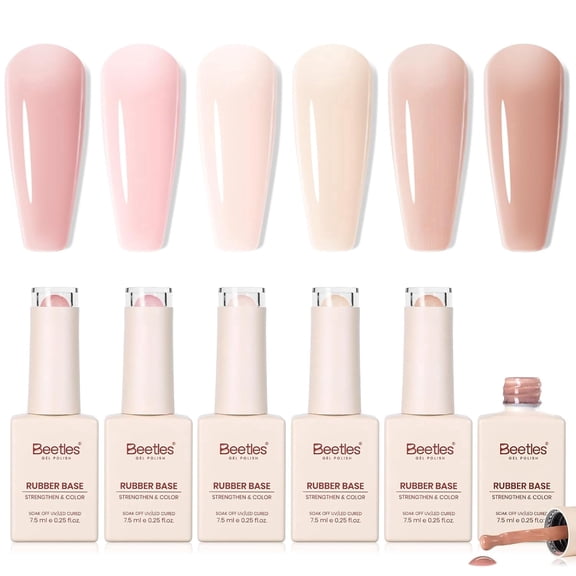 Beetles 6 Colors Rubber Base Gel Nail Polish Nude Neutrals 6 Pcs 7.5ml | Strengthening & Repair for Thin Weak Nails, Self Leveling Apex Builder Soak Off UV LED Gel for Natural Nails