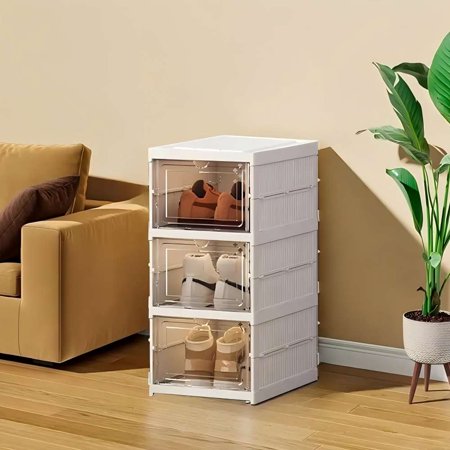 Stackable 3 Tier Freestanding Plastic Organizer - Smoke Gray , Dustproof, space-saving and easy to assemble, perfect for organizing shoes at home, office and more