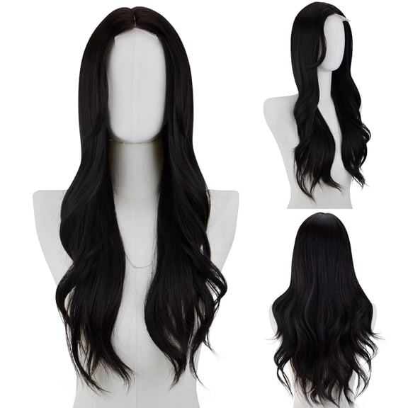 JOFMWIX Long Black Wavy Wig for Women 29 Inch Middle Part Curly Wavy Wig Splayed Bangs Synthetic Heat Resistant Fiber Wig for Daily Use