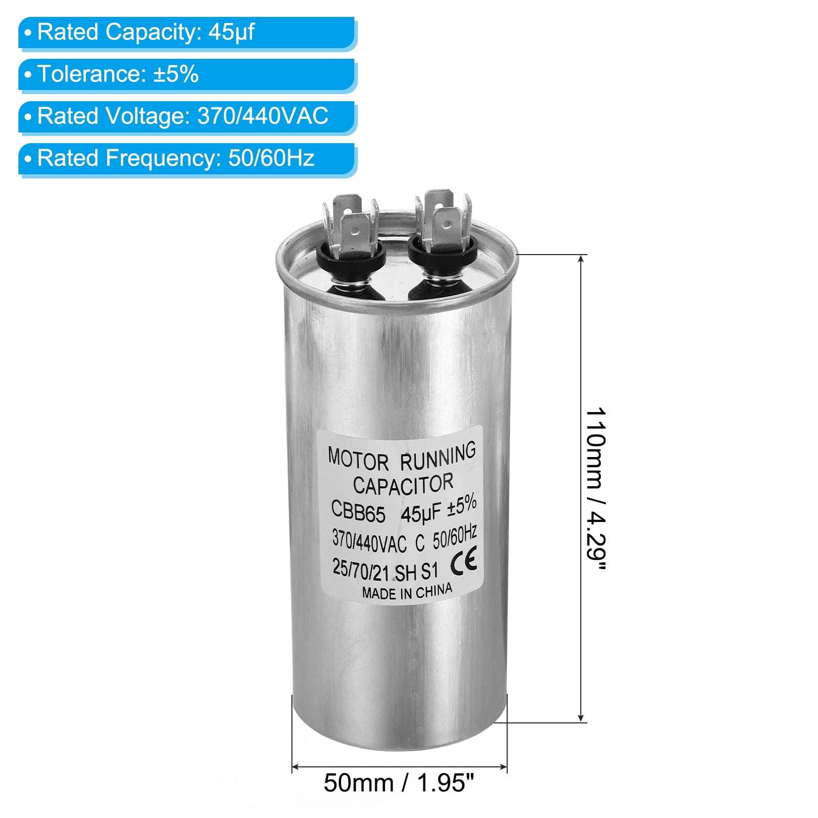 CBB65 45uf Run Capacitor, 45mfd AC 370/440V Aluminum Case with 2 Terminal for Air Conditioner