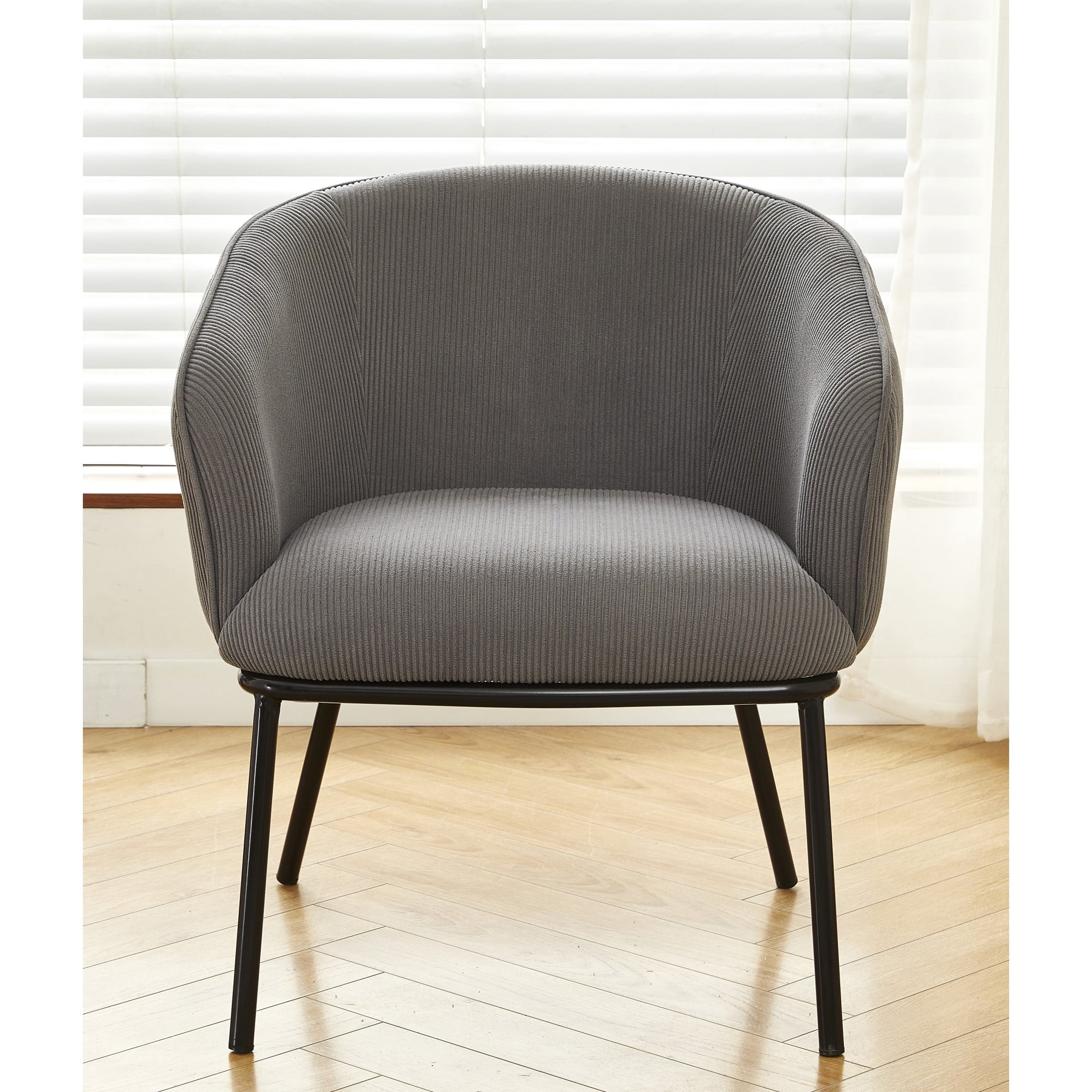 GDF Studio Mid-Century Modern Barrel Accent Chair with Corduroy Upholstery & Metal Legs, Gray