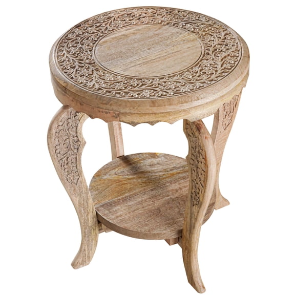 The Wooden Town Solid Wood Side Table, Hand-Carved Top, Modern Accent End Table, Natural, 18 x 22 Inch