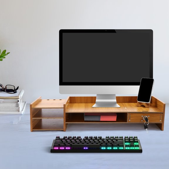 1 PCS Wood Color Computer Monitor Stand, Computer Rack with Lockable Drawer, Monitor Stand