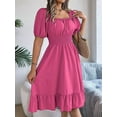 thumbnail image 2 of Women'S Boho Summer Square Neck Puff Sleeve Off Shoulder Smocked Tiered Casual A Line Short Mini Dress Rose Red M, 2 of 8