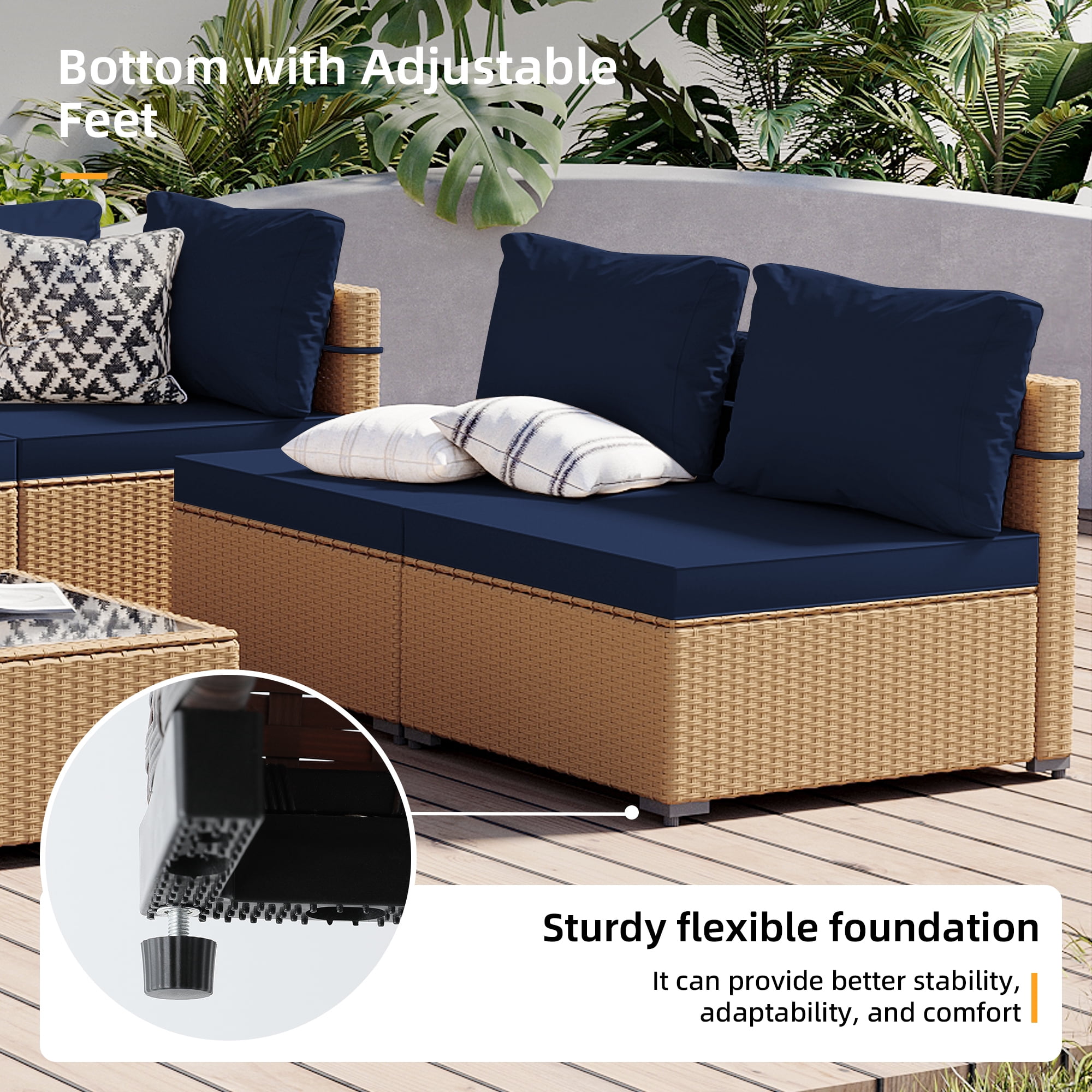 UPHA 5 Pieces Outdoor furniture Sets Patio Sectional Couch Wicker Conversation Sofa for Pools Outside, Gardens, Decks, Yellow Rattan, Navyblue Cushion