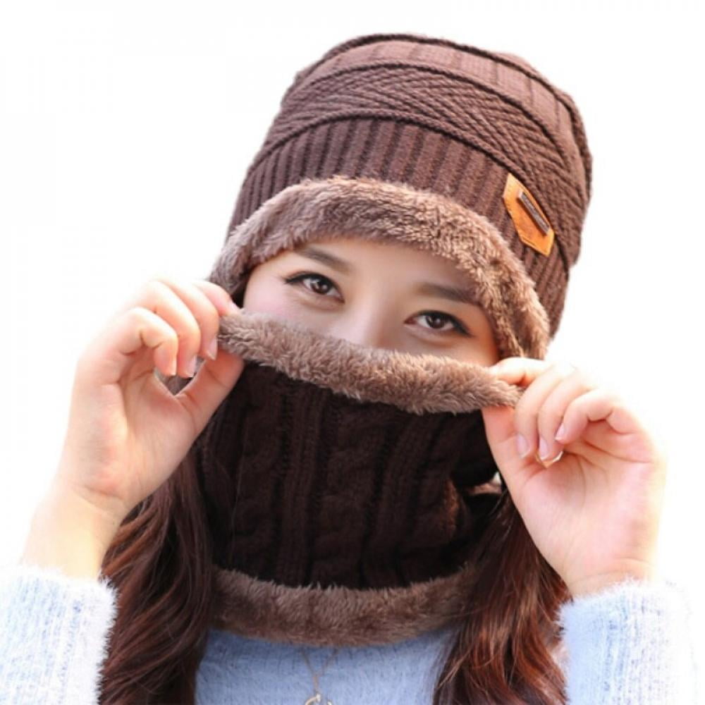 Winter Warm Fleece Lined Beanie Hat Scarf Gloves Set Thermal Neck Warmer Infinity Tube Snood Loop Face Scarf Face Cover Anti-Slip Slicone Touchscreen Gloves Outdoor Men Women 