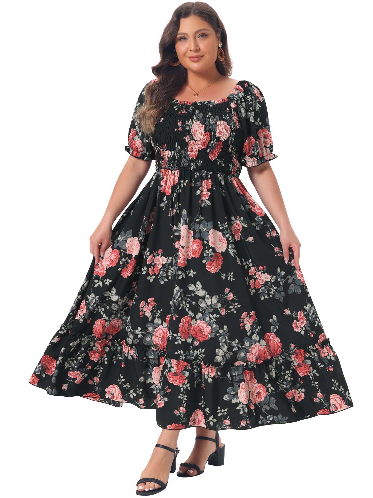 DARING DIVA Women's Plus Size Short Sleeve Square Neck Maxi Floral Dress 1X Black