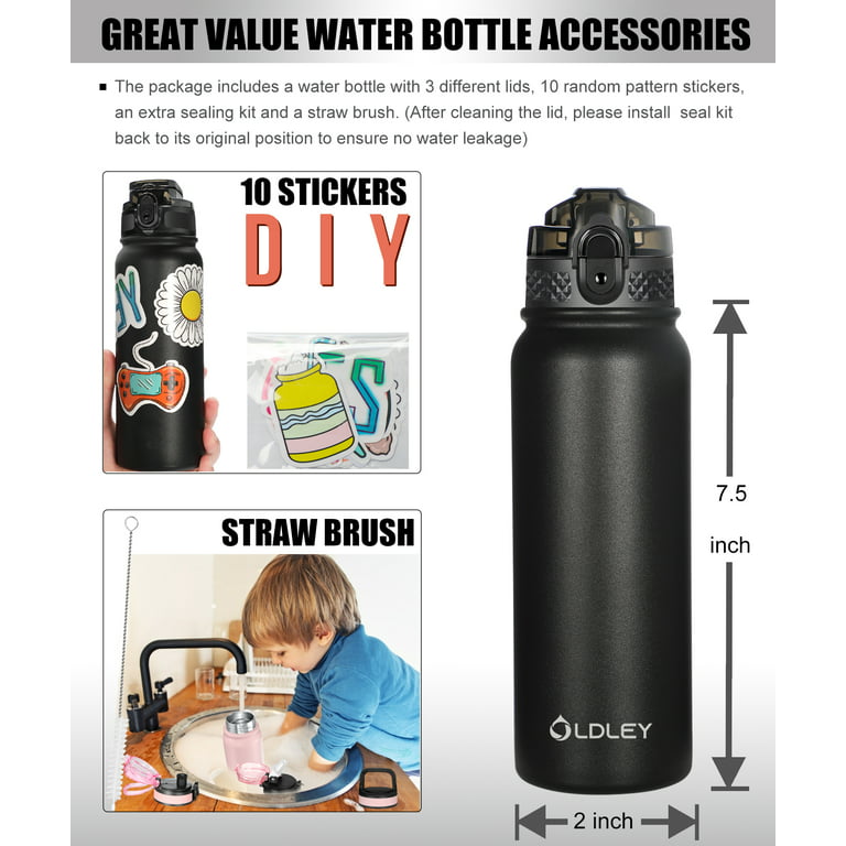 Oldley Insulated Water Bottle 20oz For aldults and Kids with  Straw,Chug,Carabiner 3 Lids Double Wall Vacuum Wide Mouth BPA Free  LeakProof for School Travel,Gift，Black 