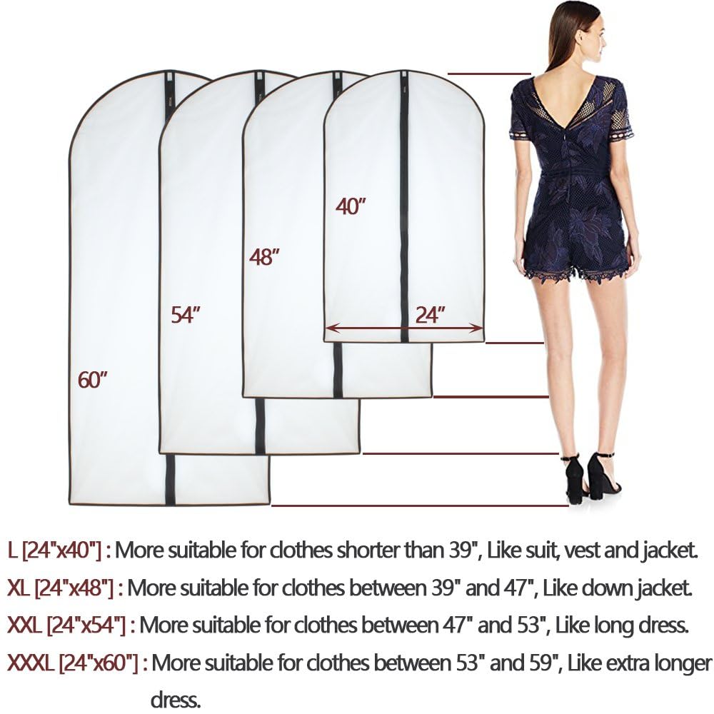 PEVA Plastic Garment Bags 6 Pack, Zippered Hanging Clothes Protector for Closet Storage, Suit Dress Cover, White