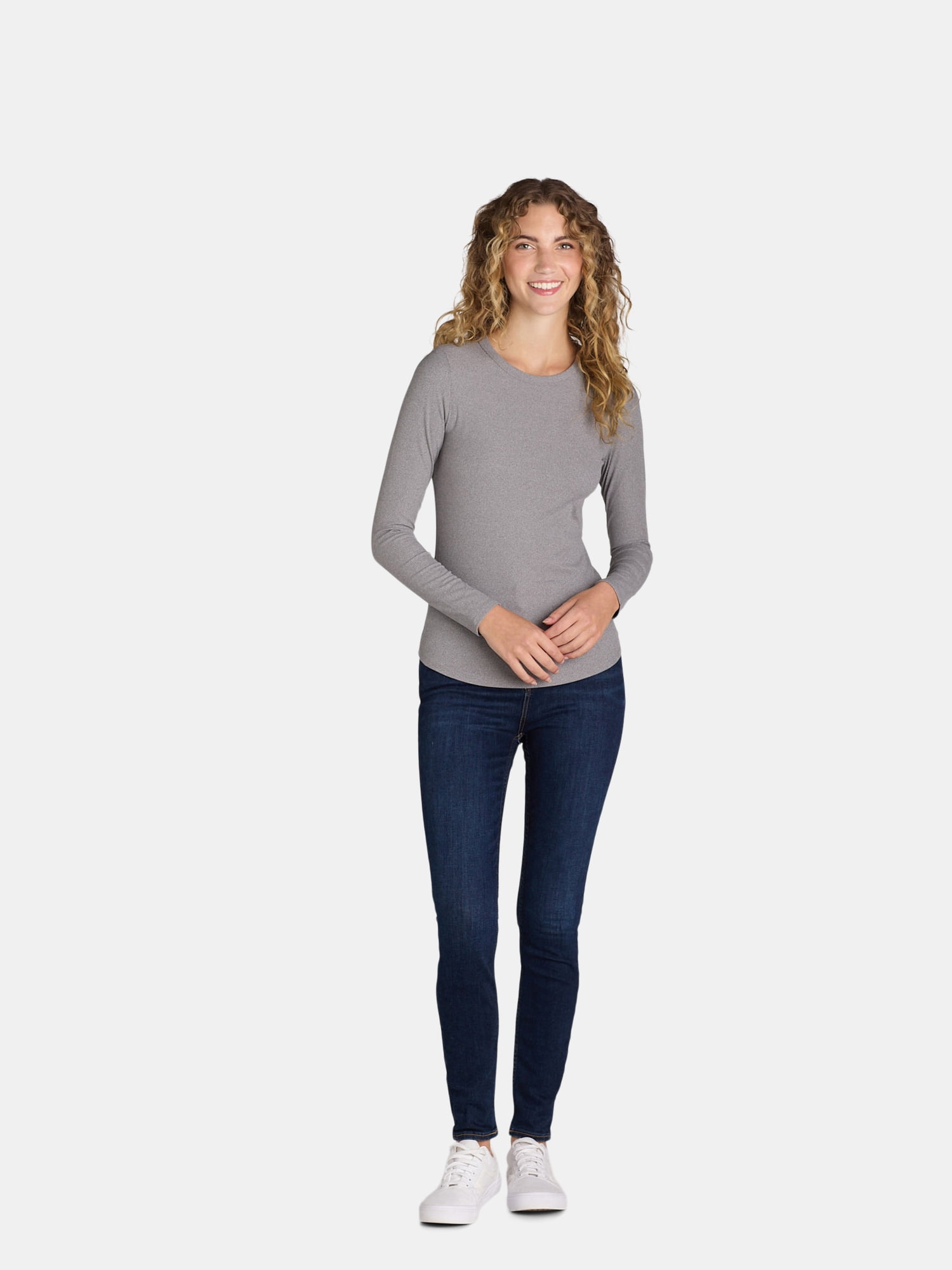 No Boundaries Ribbed Crewneck Tee with Long Sleeves, 1 or 2-Pack, Women's & Women's Plus XXS-XXL