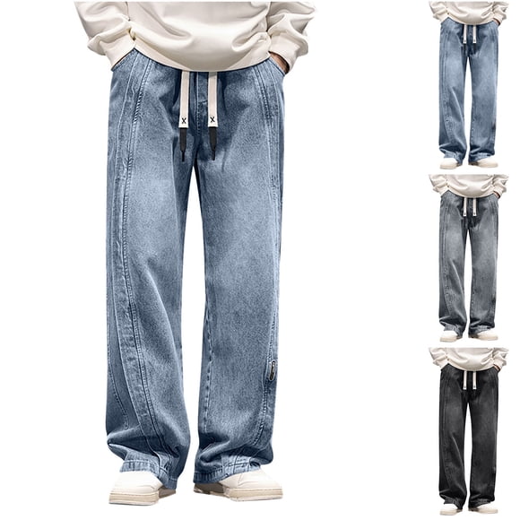 Styesk Men's Pants Fashionable Men's Casual Solid Color Drawstring Straight Leg Jeans