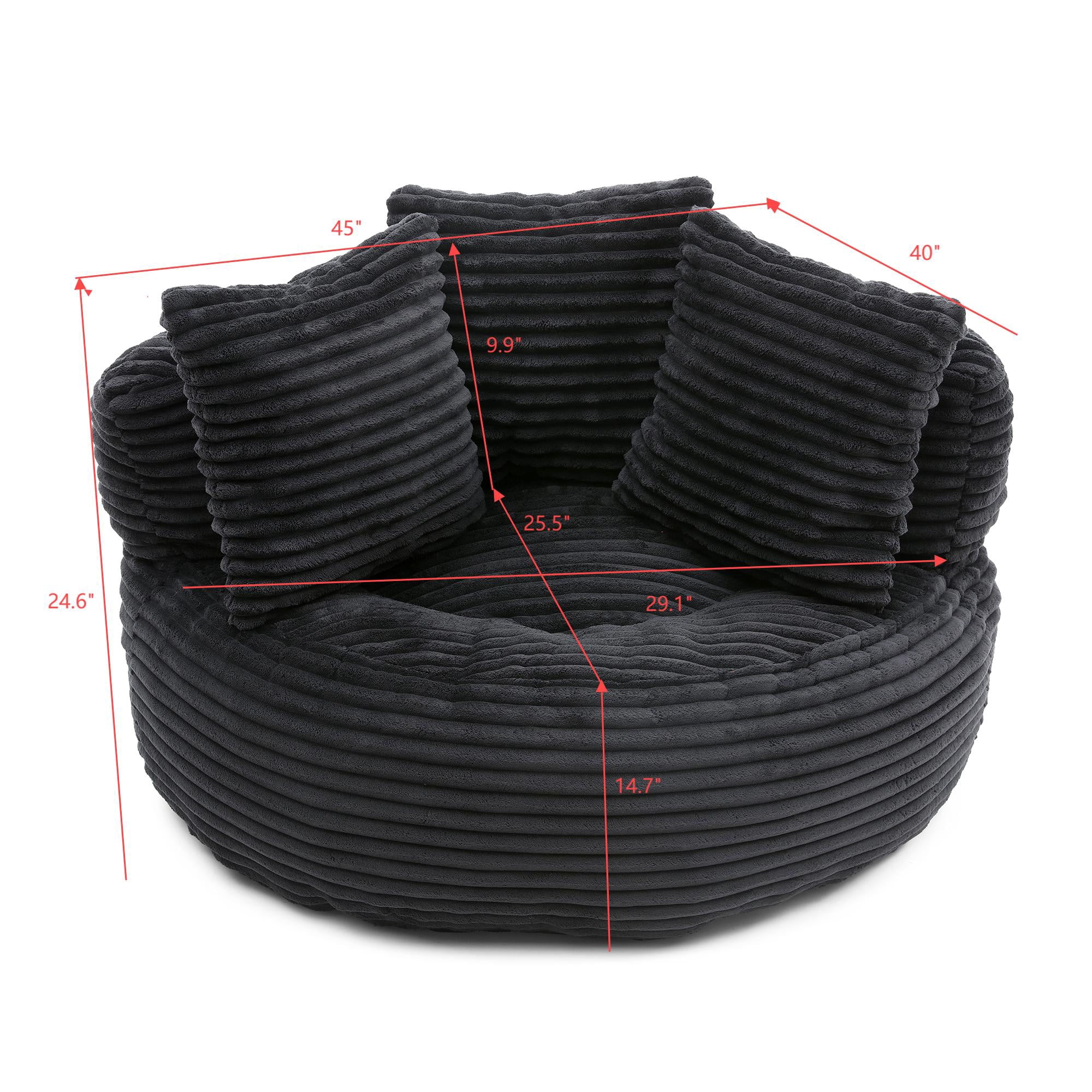 Miniyam 45"x40"x24" Corduroy Bean Bag Sofa, High-Resilience Foam, Ergonomic Armrests (Black)