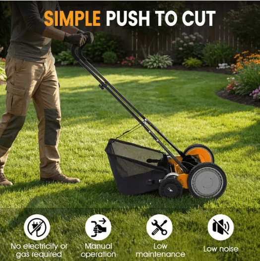 18 Inch 5 Blade Push Reel Lawn Mower with Grass Catcher Manual Walk Behind 4 Level Height Adjustment Orange