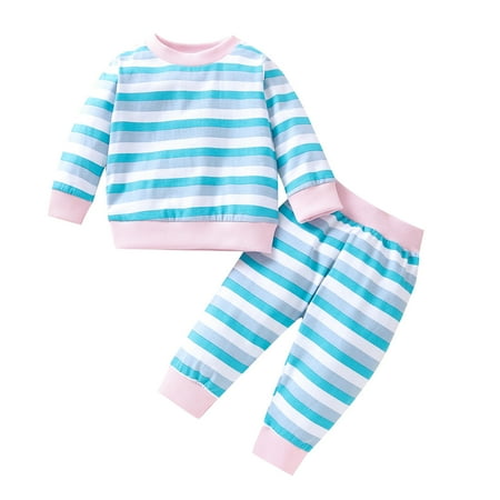 

Honeeladyy Newborn Infant Baby Girls Boys Long Sleeve Stripes Print Top+Stripes Pants Sets Blue