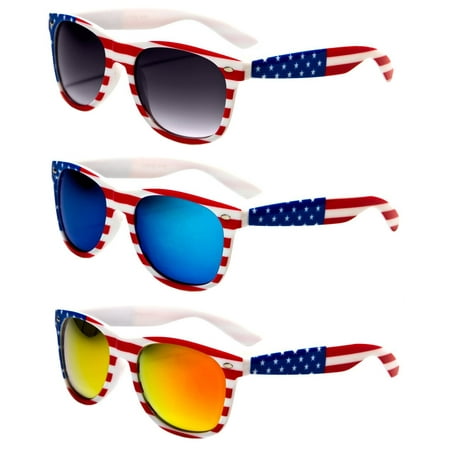 V.W.E.  Classic American Patriot Flag Mirror Sunglasses USA - White Frame