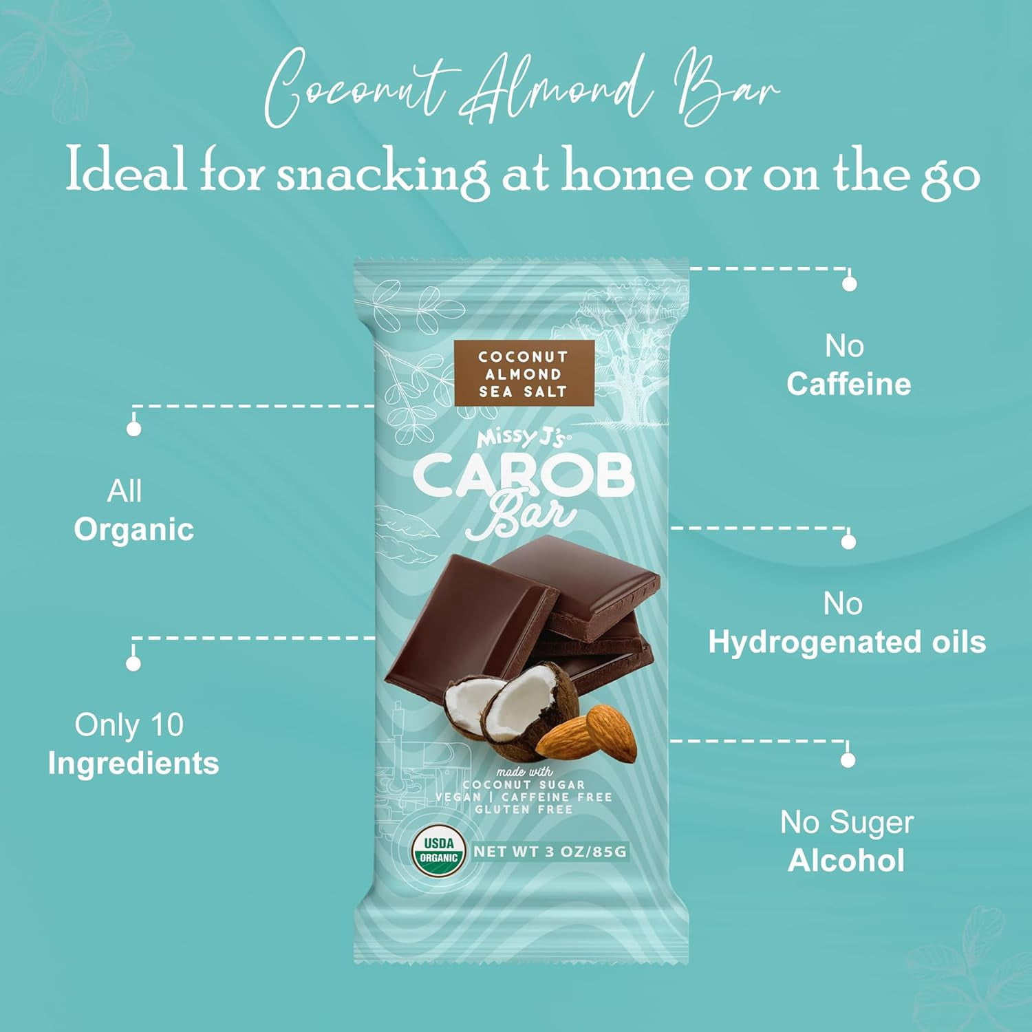 Missy J’s Organic Carob Coconut Almond Candy Bar Healthy Snack Low Calorie Snacks 12 Pack