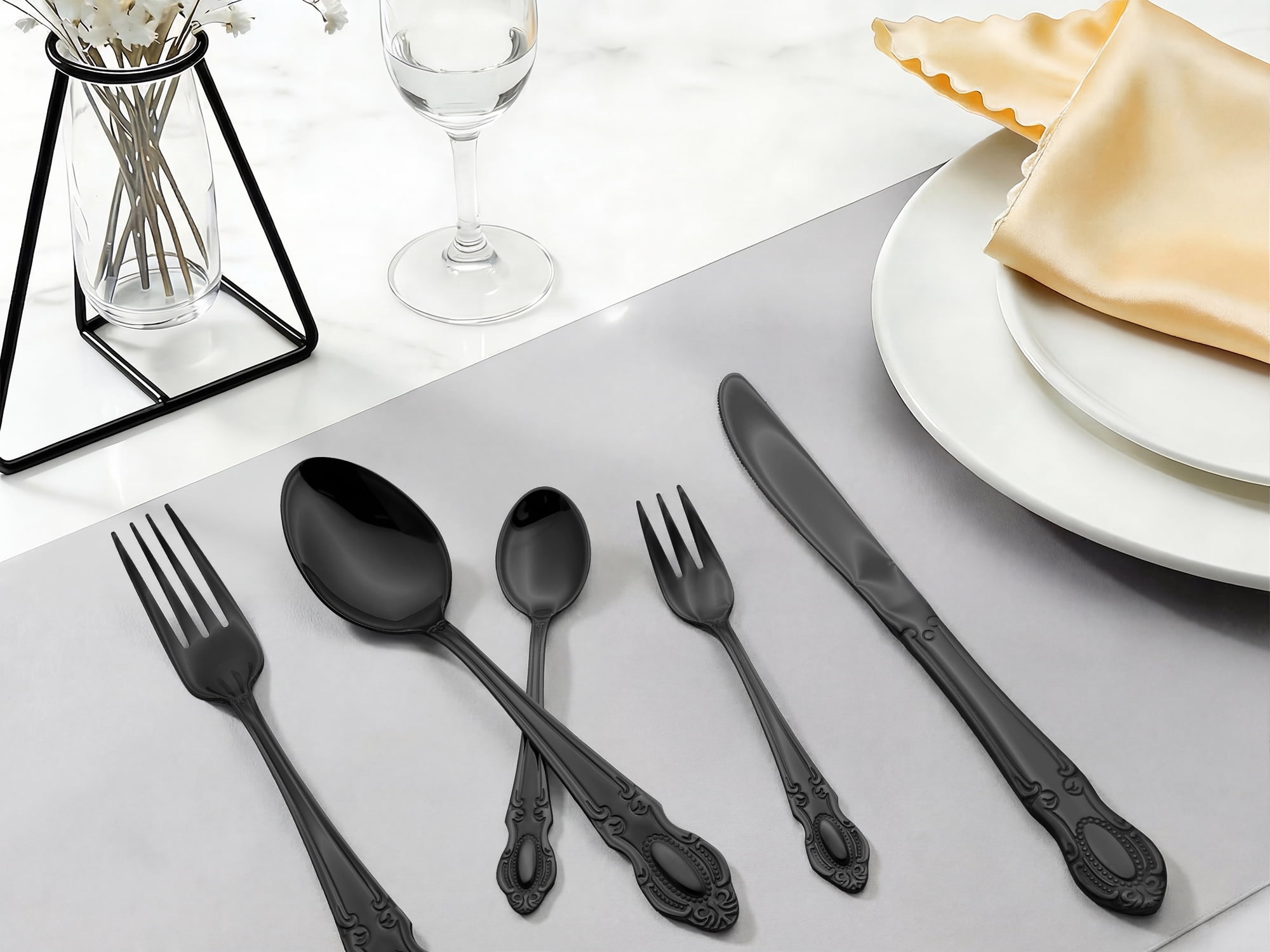 Unique Bargains 20 Piece Stainless Steel Flatware Set for Modern Cutlery Set Black