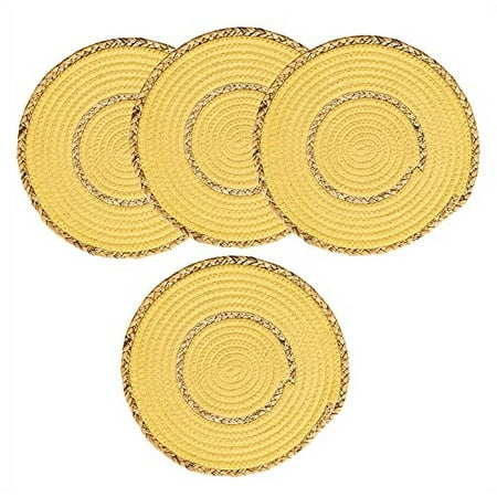 

Fennco Styles Hand-Woven Rattan Cotton Rope Placemats 12-Inch Round Set of 4 - Yellow Braided Table Mats Heat Resistant Insulation for Home Boho Décor Dining Table Banquets Special Events