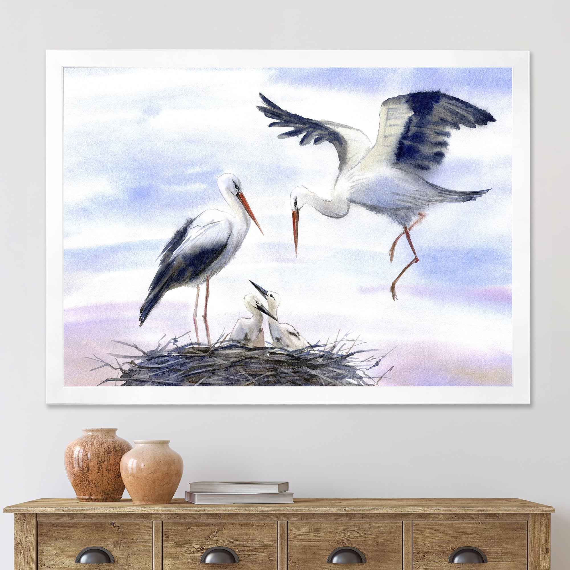 Designart 'Storks With Babies In The Nest' Farmhouse Framed Art Print