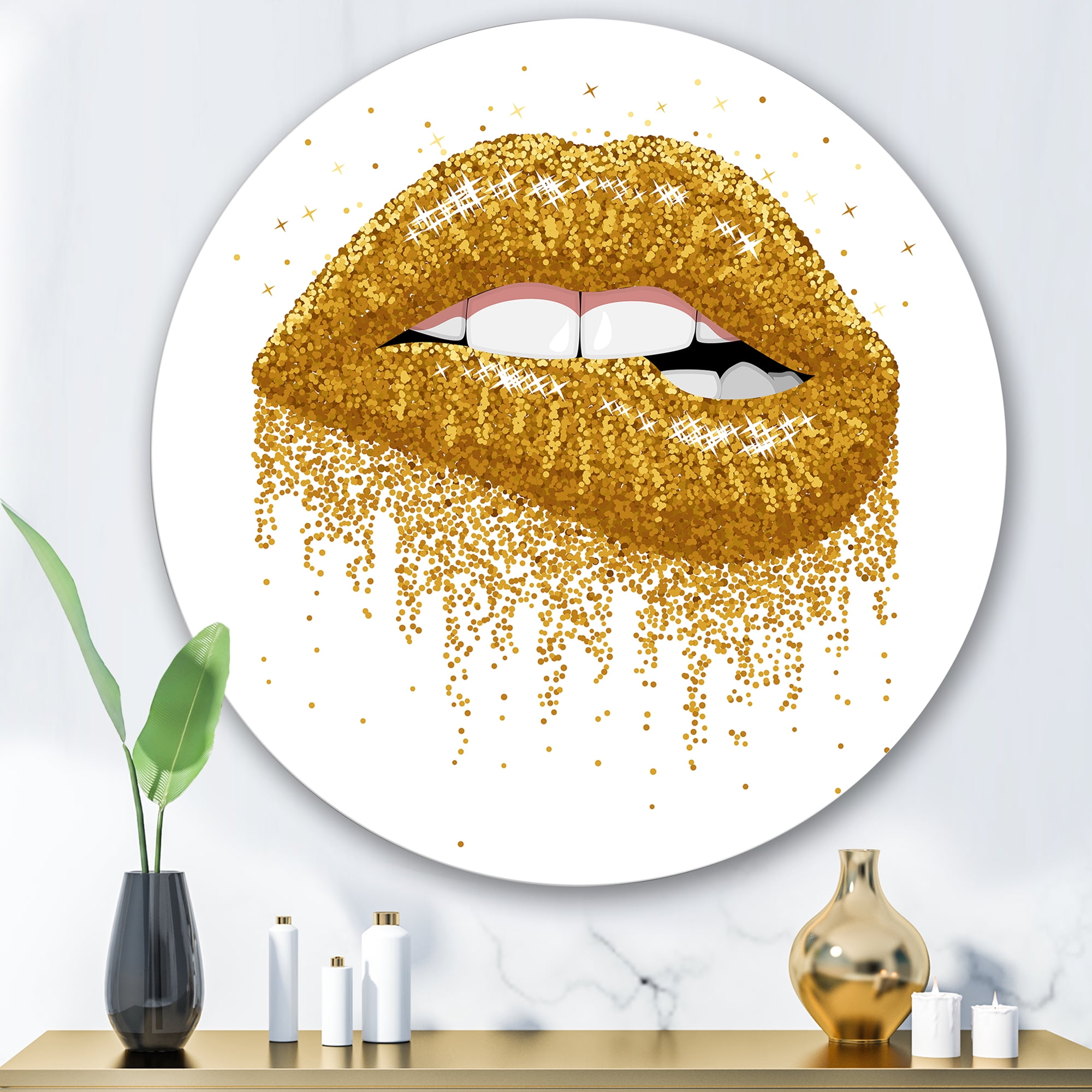 Designart 'Girl Lips With Glitter Gold Sparkles' Modern Circle Metal Wall Art 36x36 - Disc of 36