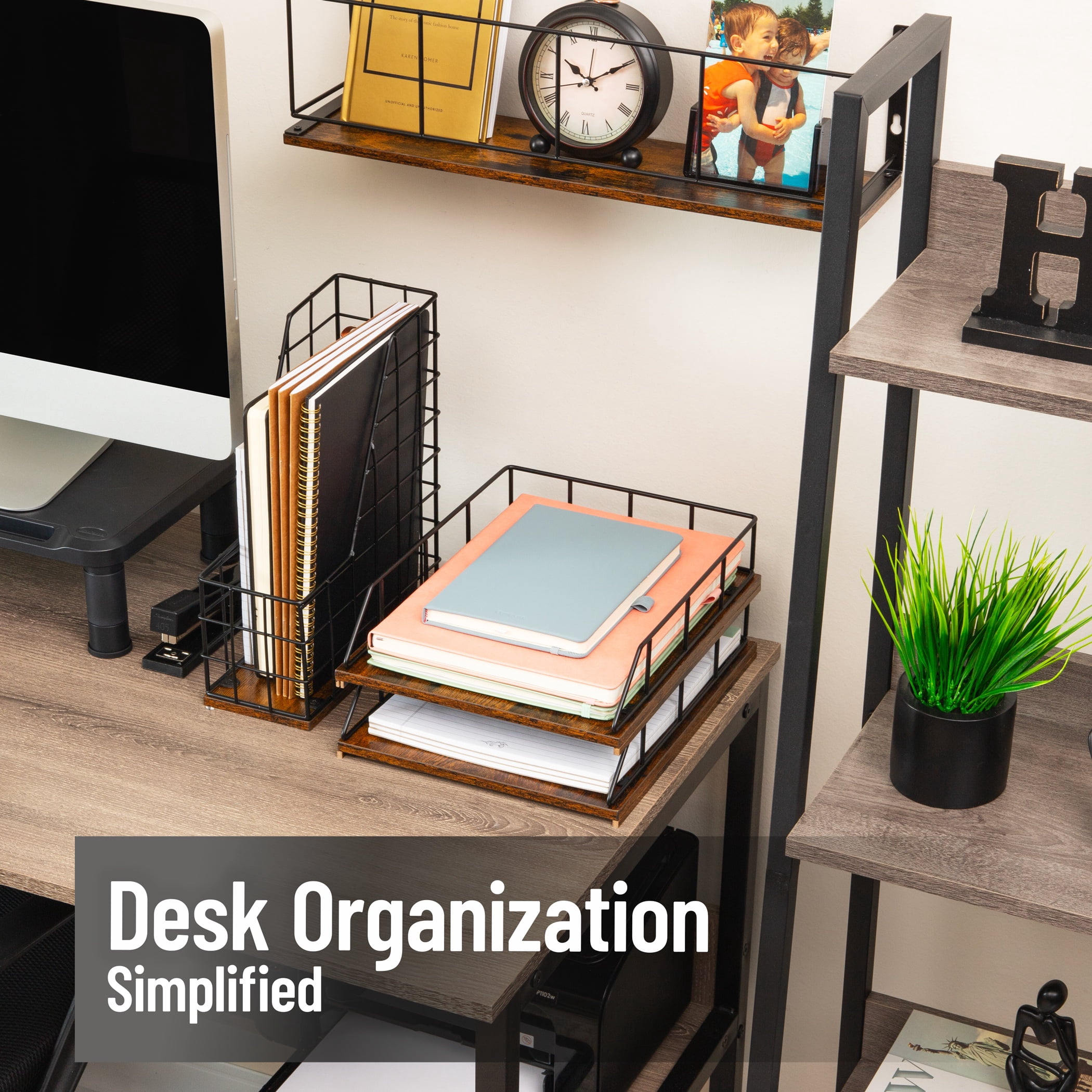 Mind Reader 2-Tier Rustic Letter Tray Organizer with Metal Frame, Wood Base for Desk or Office, Stackable, Metal and Wood, Black