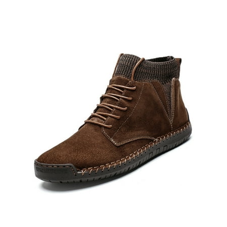 

SIMANLAN Mens Breathable Leather Shoes Mid Top Booties Driving Comfortable Boots Plush Lined Red Brown 6.5
