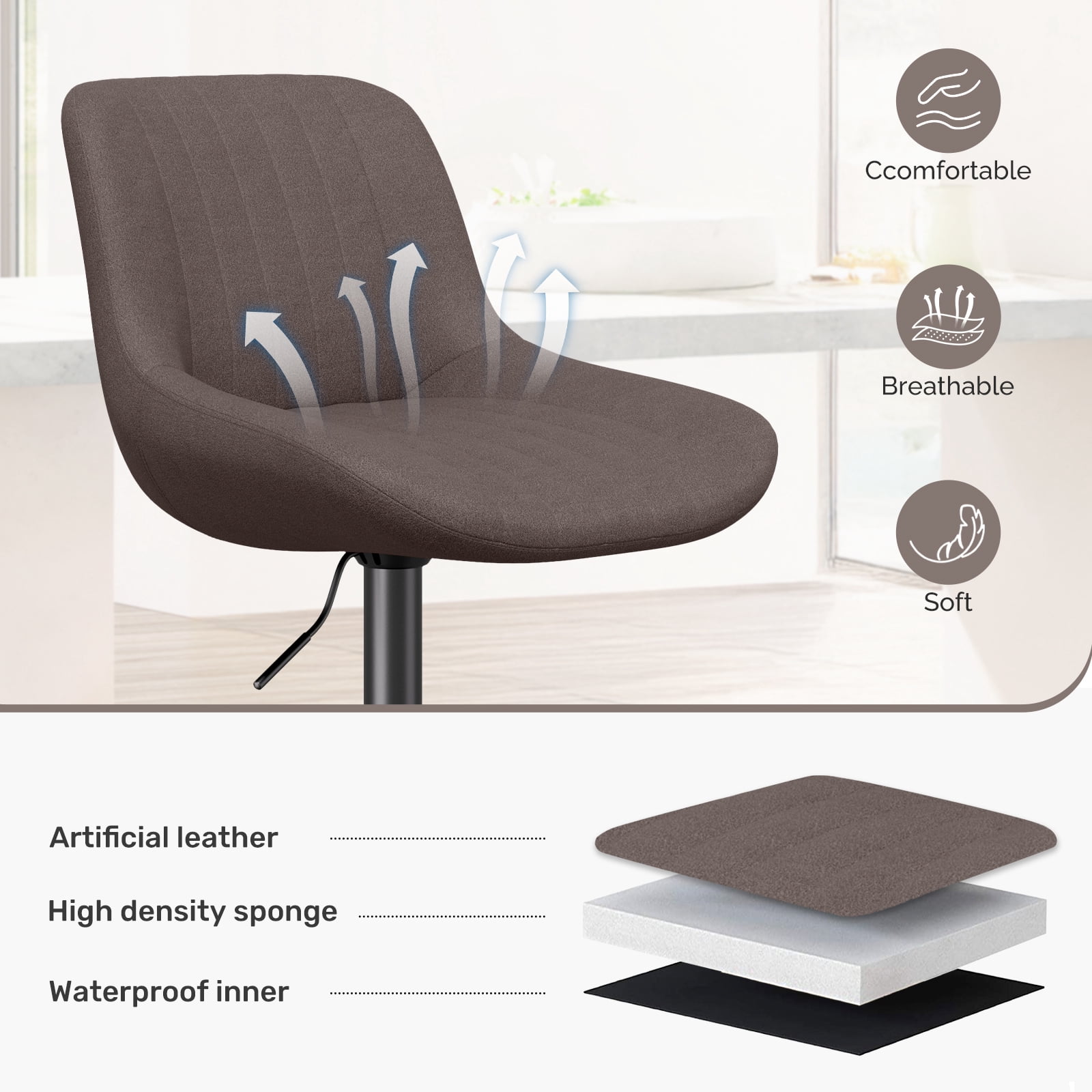 Daluvenix Adjustable Bar Stools Set of 2, Swivel Kitchen Bar Chairs with Back, Modern Tech Fabric Island Chairs for Home Kitchen, Brown