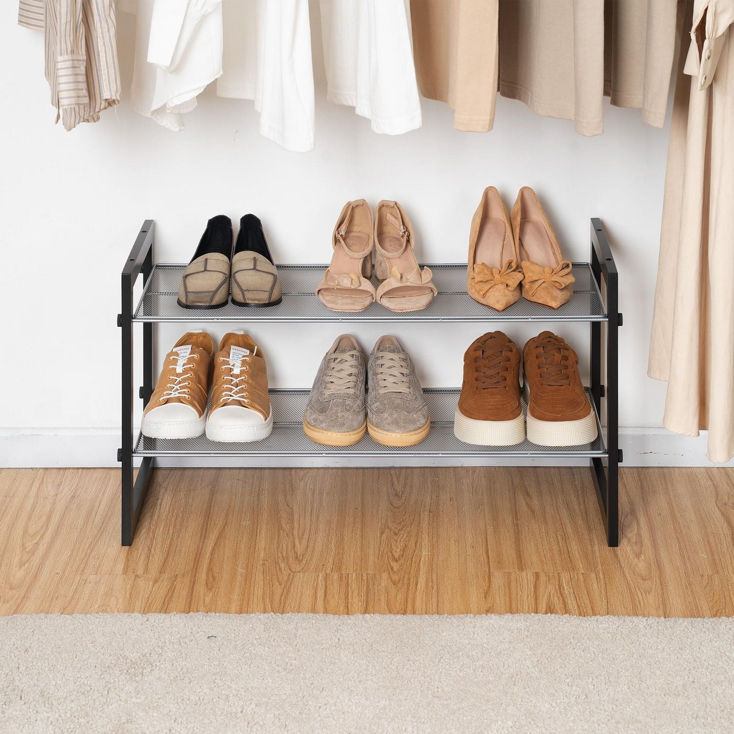 Mainstays Two-Tier Stackable Shoe Rack, Mesh Silver Shelves with Brown Wood Frame, Stackable, Product assembled size:29.5 in. W x 12 in. D x 16 in. H