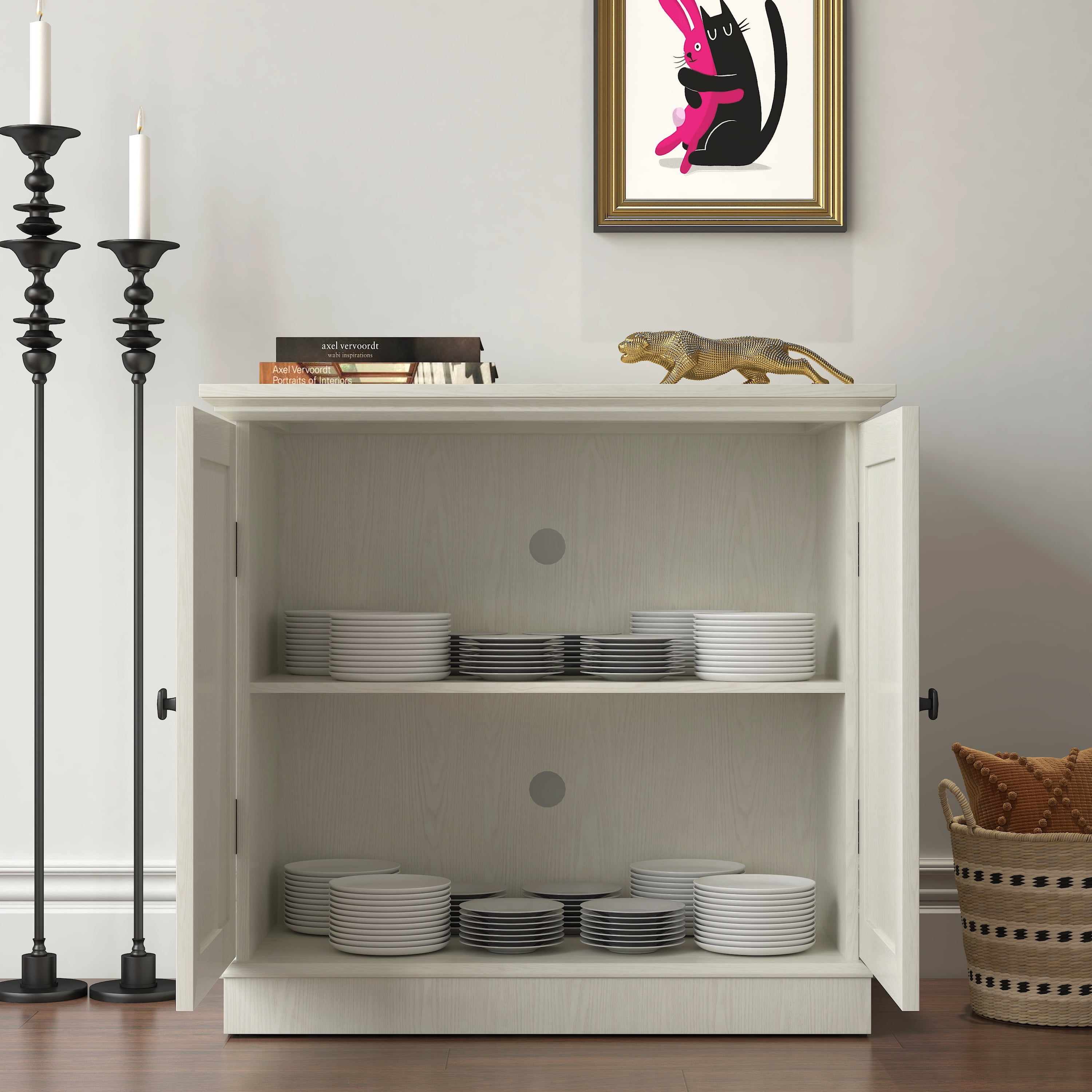 Accent Cabinet, Mirrored Sideboard&nbsp;Storage with Decorative Doors, Anti-Tip Strings, White MDF 3D Wood Grain, 30.75 Inch W