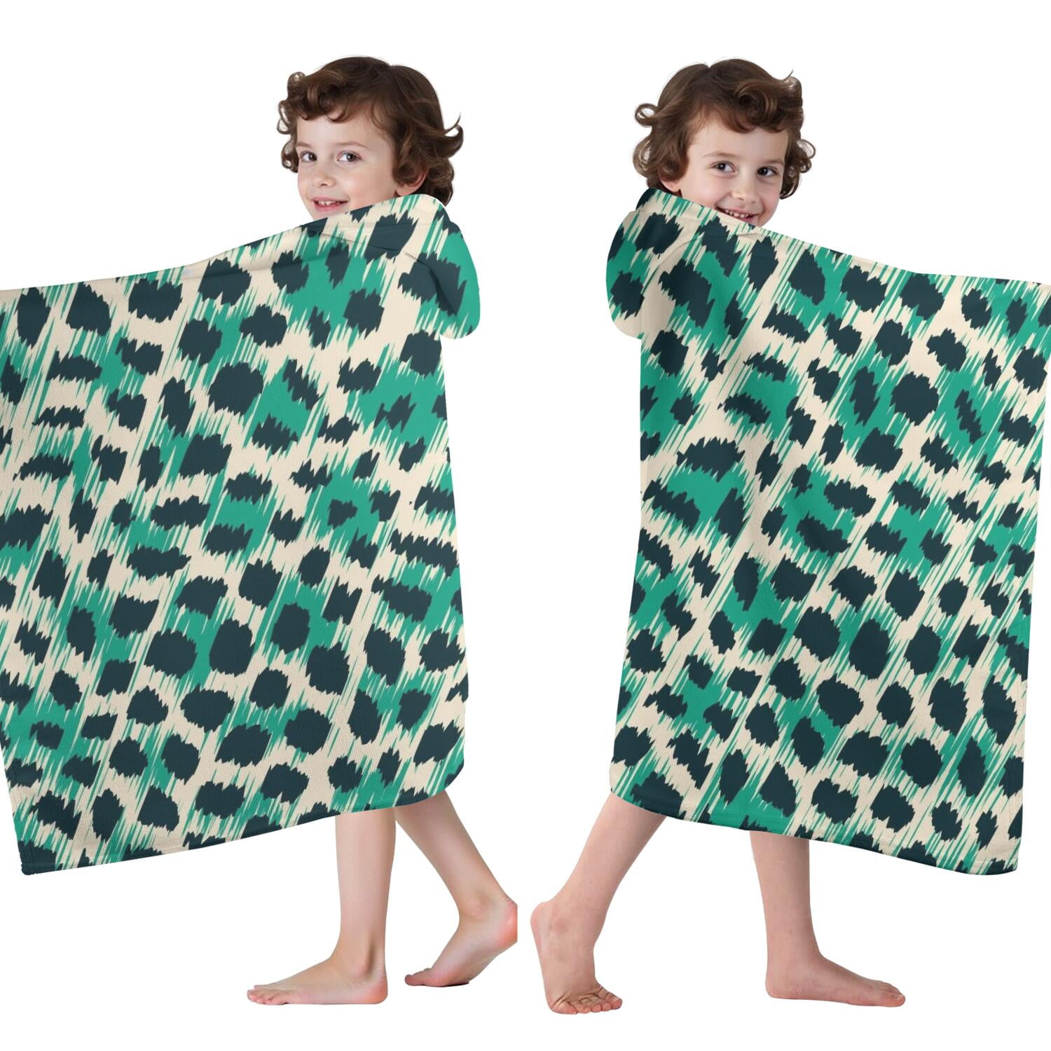Leopard Pattern with Green and Black Spots Hooded Bath Towel，60"x35" for Ages 3 To 12 Kids, Quick Dry Lightweight Soft Microfiber Hood Beach Towel Cover Up for Kids