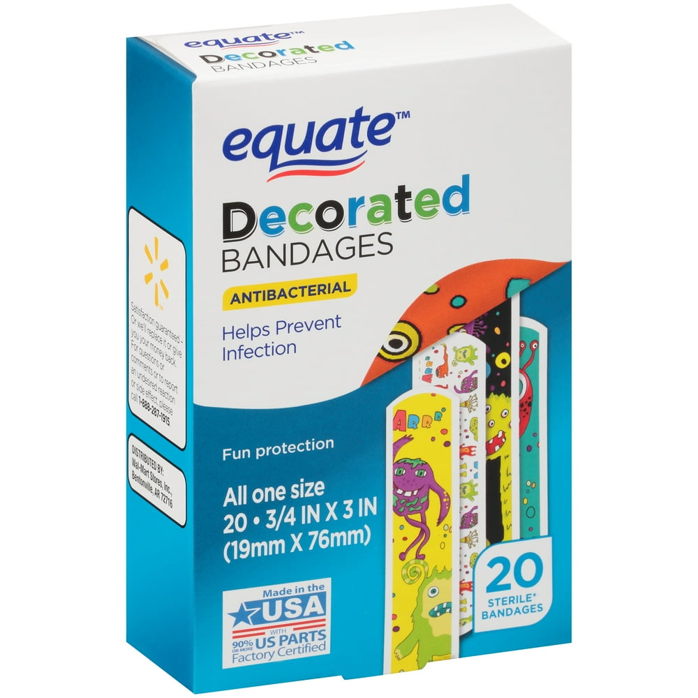 (4 Pack) Equate Antibacterial Decorated Bandages, 20 Ct
